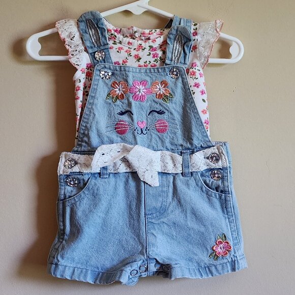 Little Lass Girls 2 Piece Overall Short Outfit W/Pockets Size 3/6M - Picture 1 of 8
